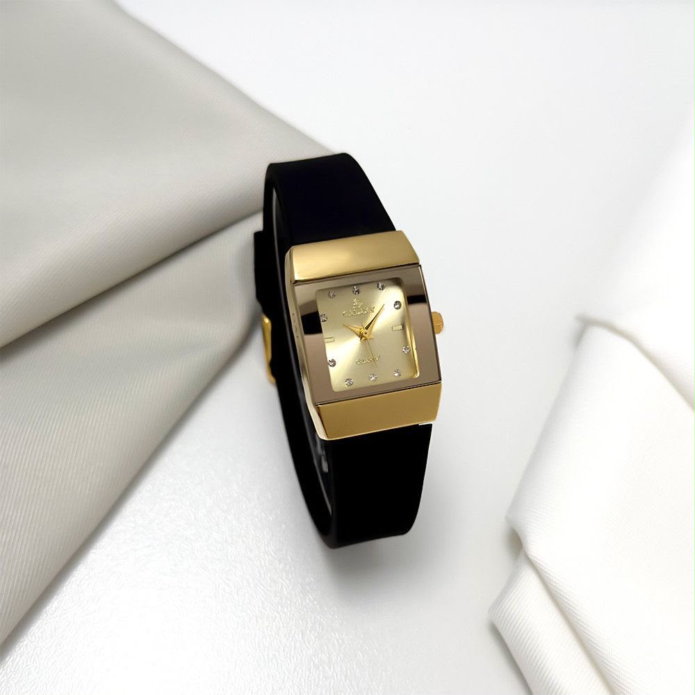 Montre Galaxy cadran carré doré, bracelet en silicone noir
